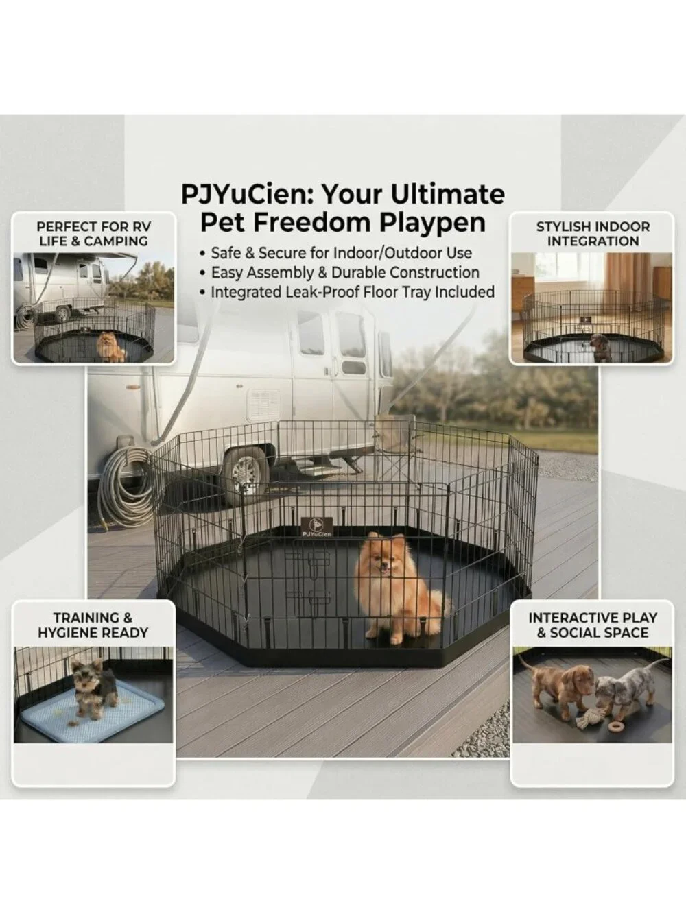 Octagonal Dog Playpen with Bottom Pad - Foldable Metal Exercise Pen, 8 Panels